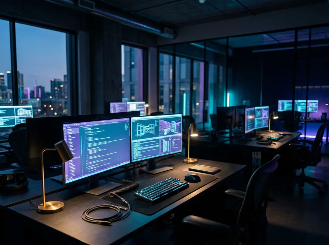 The ThreeKs.com engineering studio at dusk, with monitors showing code and architecture diagrams